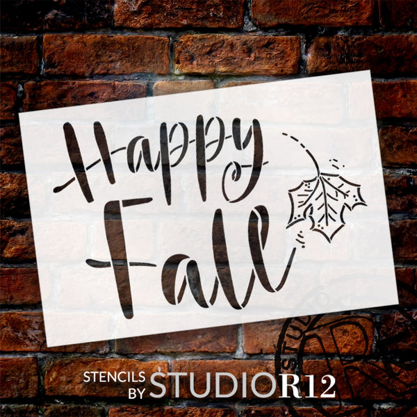 Happy Fall Leaf Stencil by StudioR12 | DIY Autumn Leaves Home Decor | Craft & Paint Cursive Script Wood Sign | Reusable Mylar Template | Select Size | STCL5858