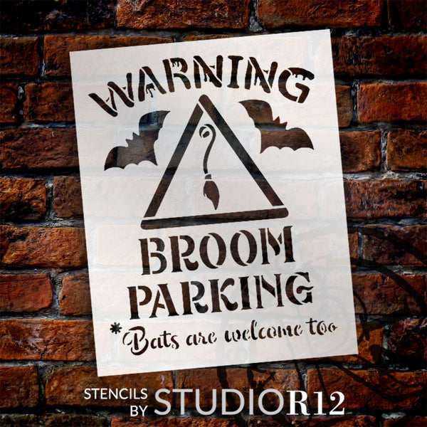 Warning Broom Parking Stencil by StudioR12 | DIY Fall Autumn Halloween Home Decor | Craft & Paint Wood Sign | Reusable Mylar Template | Select Size | STCL5718