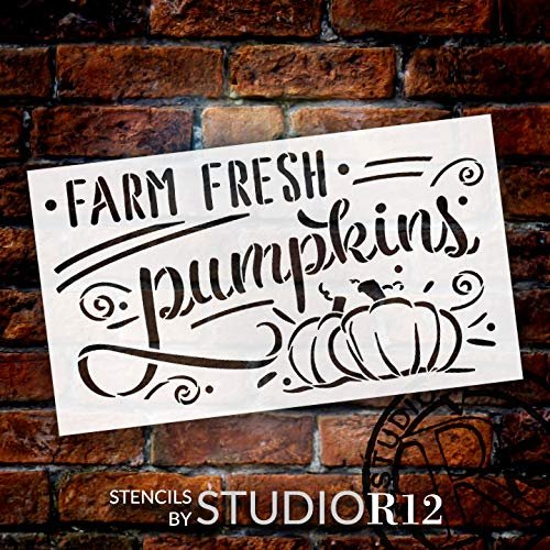 Farm Fresh Pumpkins Stencil by StudioR12 | DIY Farmhouse Fall Script Home Decor | Paint Autumn Harvest Wood Signs | Select Size