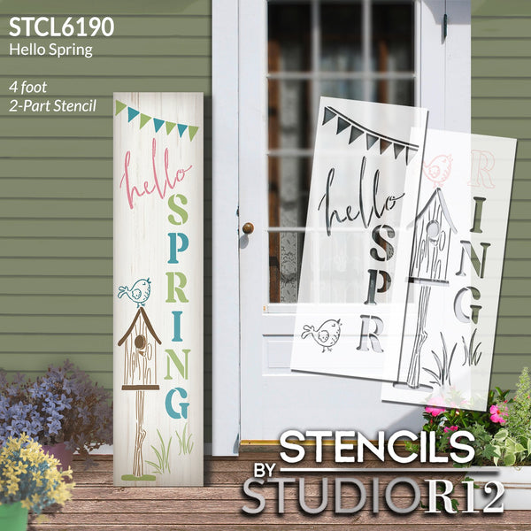 Hello Spring Tall Porch Stencil with Birdhouse by StudioR12 | DIY Outdoor Home Decor | Craft & Paint Vertical Wood Leaner Signs | Select Size | STCL6190