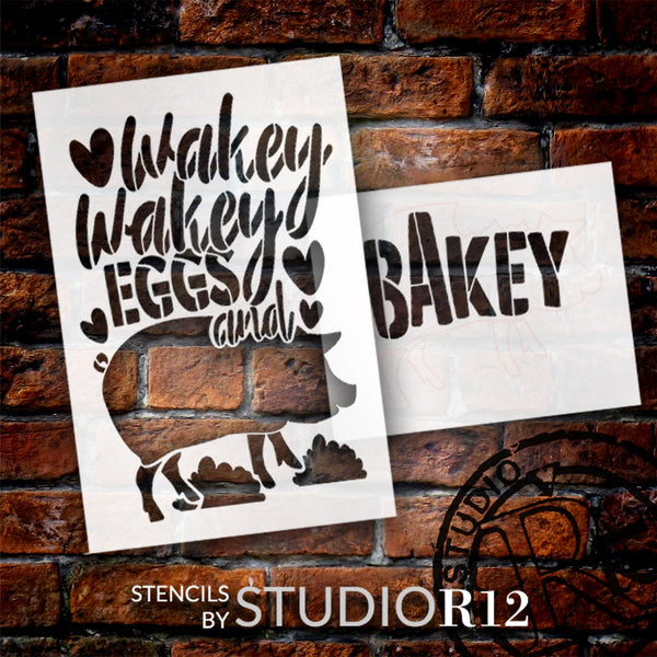 Wakey Wakey Eggs and Bakey Stencil by StudioR12 | Craft DIY Kitchen Home Decor | Paint Farmhouse Wood Sign | Reusable Mylar Template | Select Size | STCL5971