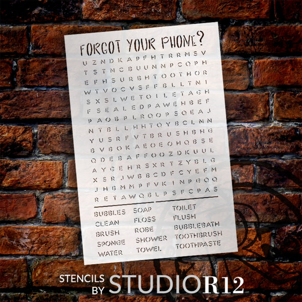 Bathroom Word Search Stencil by StudioR12 | Forgot Your Phone? | Funny Bathroom Wall Art | Craft DIY Decor | Paint Wood Sign | Select Size | STCL6355