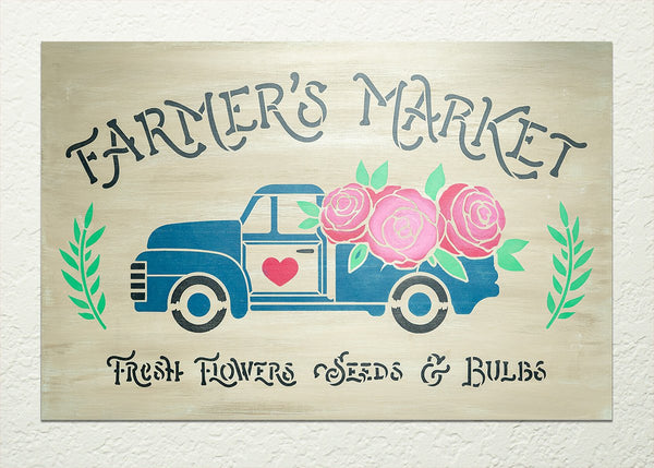 Farmer's Market Stencil with Vintage Truck & Roses by StudioR12 | DIY Spring Home Decor | Craft & Paint Wood Signs | Select Size | STCL5603