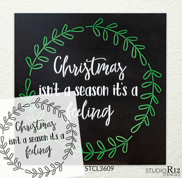 Christmas - It's a Feeling Stencil by StudioR12 | DIY Holiday Laurel Wreath Home Decor | Craft & Paint Wood Sign Reusable Mylar Template | Winter Cursive Script Select Size