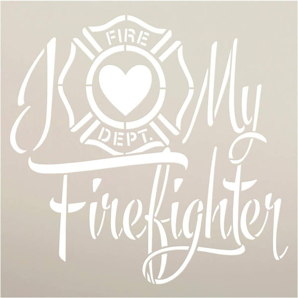 I Heart My Firefighter Stencil by StudioR12 | DIY Fire Dept Logo Home Decor | Craft & Paint Wood Sign | Reusable Mylar Template | Cursive Script Love Gift | Select Size (15 inches x 15 inches)
