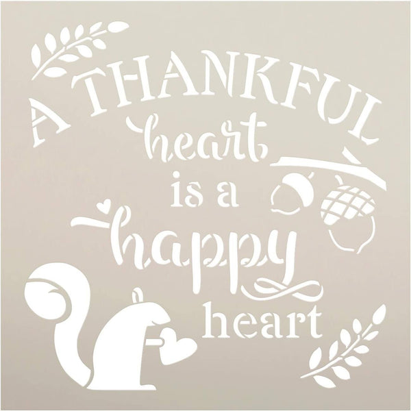 Thankful Heart Happy Heart Stencil with Squirrel by StudioR12 | DIY Fall & Autumn Farmhouse Home Decor | Paint Wood Signs | Select Size