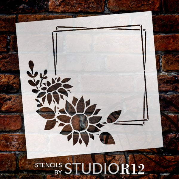 Square Geometric Sunflower Monogram Frame Stencil by StudioR12 - Select Size - USA MADE - Craft DIY Modern Home Decor | Paint Wood Sign | STCL5997