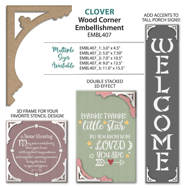 Clover Wooden Corner Embellishment | Unfinished Wood Applique for Tall Porch Signs & Furniture | Frame Border for Home Decor | Ready to Paint MDF | Select Size | EMBL407