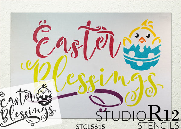Easter Blessings Stencil with Chicks by StudioR12 | DIY Spring Script Home Decor | Craft & Paint Farmhouse Wood Signs | Select Size | STCL5615
