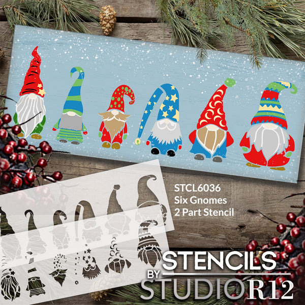 Six Gnomes 2-Part Stencil by StudioR12 | Craft DIY Garden Home Decor | Paint Spring Wood Sign | Reusable Mylar Template | Select Size | STCL6036