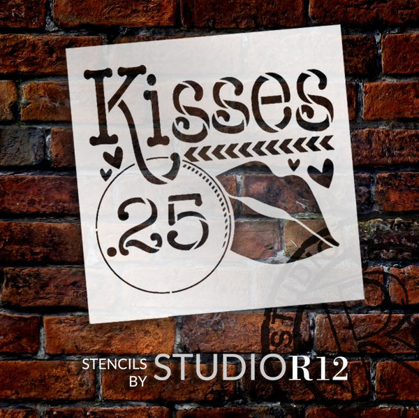 Kisses 25 Cents Stencil with Lips & Hearts by StudioR12 | DIY Simple Valentine's Day Home Decor | Craft & Paint Wood Sign | Select Size | STCL5559
