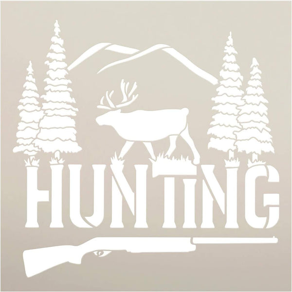 Hunting Stencil by StudioR12 | DIY Deer Pine Tree Home Decor Gift | Craft & Paint Wood Sign | Reusable Mylar Template | Rustic Gun Gift | Select Size