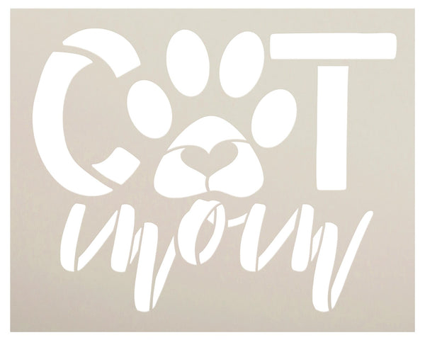 Cat Mom Pawprint Stencil by StudioR12 | DIY Pet Lover Home Decor | Craft & Paint Cursive Script Wood Sign | Reusable Mylar Template | Select Size | STCL5782