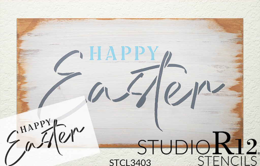 Happy Easter Round Stencil with Bunny by StudioR12 | DIY Spring Wreath Home  Decor | Cursive Script Word Art | Craft & Paint Farmhouse Wood Signs 