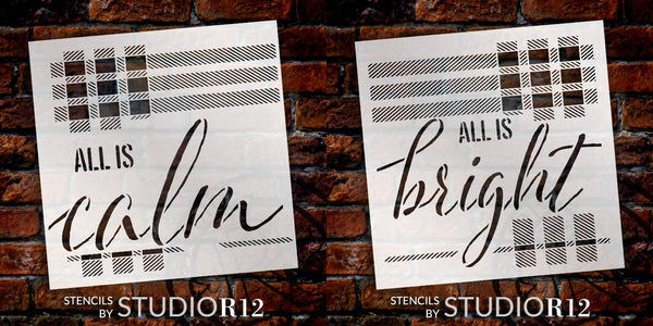 All is Calm All is Bright 2-Part Stencil by StudioR12 | Paint Wood Sign | Craft Rustic Christmas Flannel Home Decor | DIY Jesus Holiday Lyric Plaid Pattern | Select Size | STCL2857