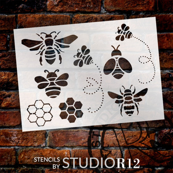 Bee Embellishments Stencil by StudioR12 | Craft DIY Spring Home Decor | Paint Wood Sign | Reusable Mylar Template | Select Size | STCL6056