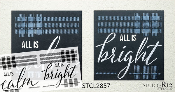All is Calm - Bright 2-Part Stencil by StudioR12 | Reusable Mylar Template | Paint Wood Sign | Craft Rustic Christmas Flannel Home Decor | DIY Jesus Holiday Lyric Plaid Pattern Select Size