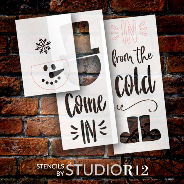 Come in from The Cold Stencil with Snowman by StudioR12 | DIY Winter Tall Porch Sign | Holiday Home Decor | Paint Vertical Wood Leaners | Size (4 ft) | STCL6188