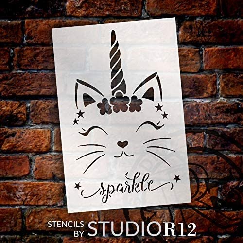 Sparkle Unicorn Kitty Stencil by StudioR12 | DIY Flower Glitter Cute Home Decor Gift | Craft & Paint Wood Sign | Reusable Mylar Template | Select Size