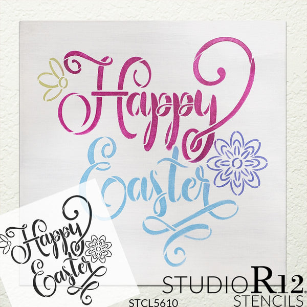 Happy Easter Script Stencil with Flower by StudioR12 | DIY Spring Floral Home Decor | Craft & Paint Farmhouse Wood Signs | Select Size | STCL5610