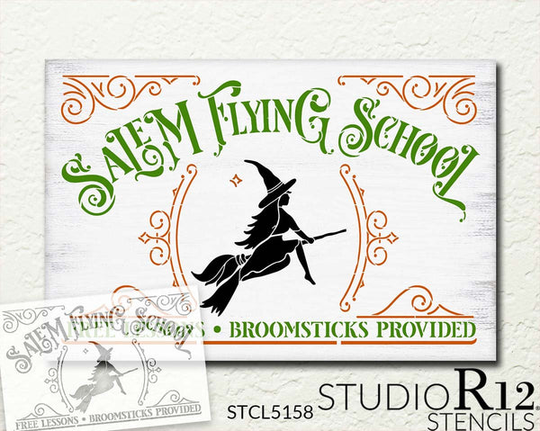 Salem Flying School -Stencil by StudioR12 | DIY Witch Broomstick HalloweenHome Decor | Craft & Paint Wood Sign | Reusable Mylar Template | Select Size