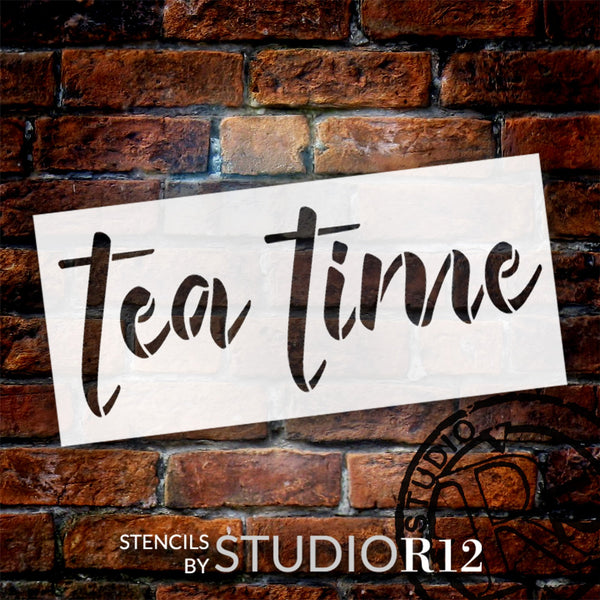 Tea Time Script Stencil by StudioR12 | Craft DIY Rustic Kitchen Decor | Paint Pillow or Wood Sign | Reusable Mylar Template | Select Size | STCL6308