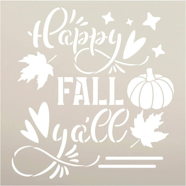 Happy Fall Yall Stencil by StudioR12 | DIY Autumn Farmhouse Home Decor | Craft & Paint Wood Sign | Reusable Mylar Template | Leaves Heart Pumpkin Cursive Script | Select Size