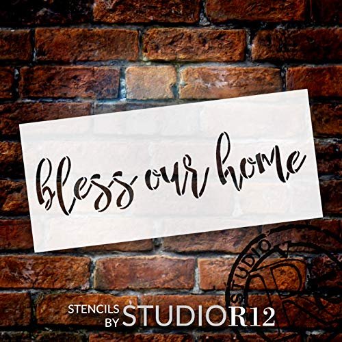 Bless Our Home Stencil by StudioR12 | Cursive Script Word Art | Reusable Mylar Template | Paint Wood Sign | Craft Simple Home Faith Decor | Rustic DIY Farmhouse | Select Size - Small - XLG