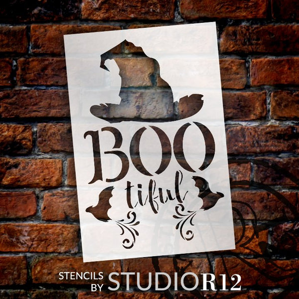 BOOtiful Stencil by StudioR12 | Witch Hat - Bats | DIY Fall Halloween Home Decor | Craft & Paint Wood Sign | Reusable Mylar Template | Select Size | STCL5725