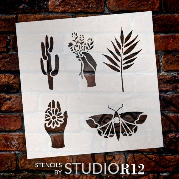 Boho Plant & Moth Embellishments Stencil by StudioR12 | Craft DIY Botanical Home Decor | Paint Wood Sign | Reusable Mylar Template | Select Size | STCL6073