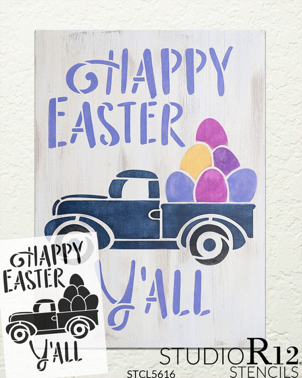 Happy Easter Y'all Stencil with Vintage Truck by StudioR12 | DIY Country Spring Home Decor | Craft & Paint Wood Sign | Select Size | STCL5616