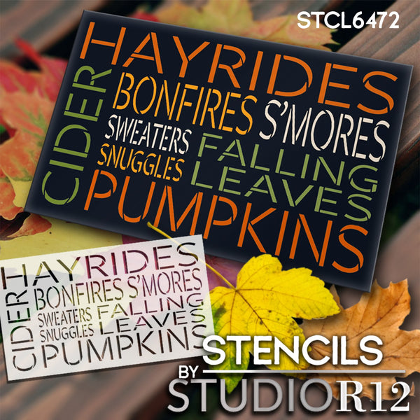 Fall Words Stencil by StudioR12 | Hayrides Bonfires Pumpkins Cider Sweaters Snuggles | Craft DIY Fall Home Decor | Paint Wood Sign | Select Size | STCL6472