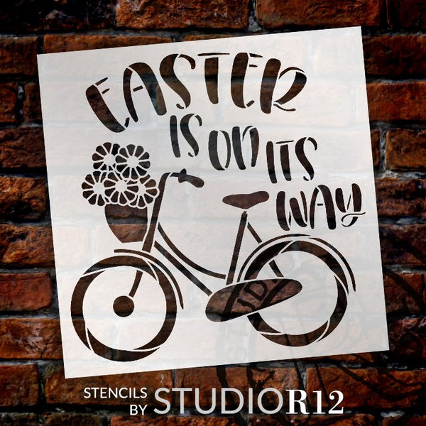 Easter is On Its Way Stencil with Bike by StudioR12 | DIY Spring Floral Home Decor | Craft & Paint Wood Signs | Select Size | STCL5618