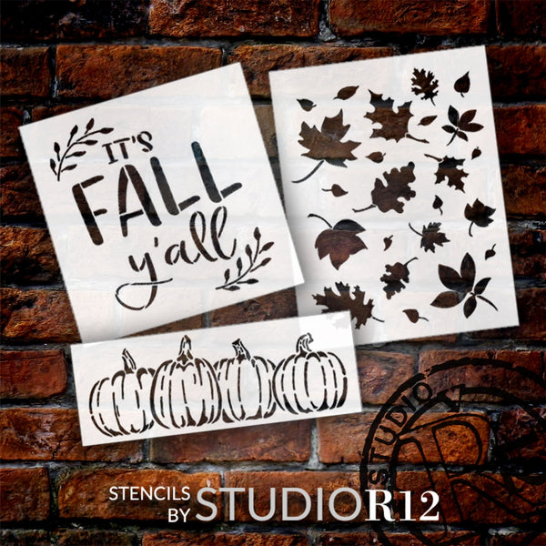 It's Fall Y'all with Pumpkins & Leaves Stencil Set by StudioR12 - Select Size - USA Made - DIY Fall Wreath Wall Decor | Craft & Paint Autumn Wood Signs | CMBN645
