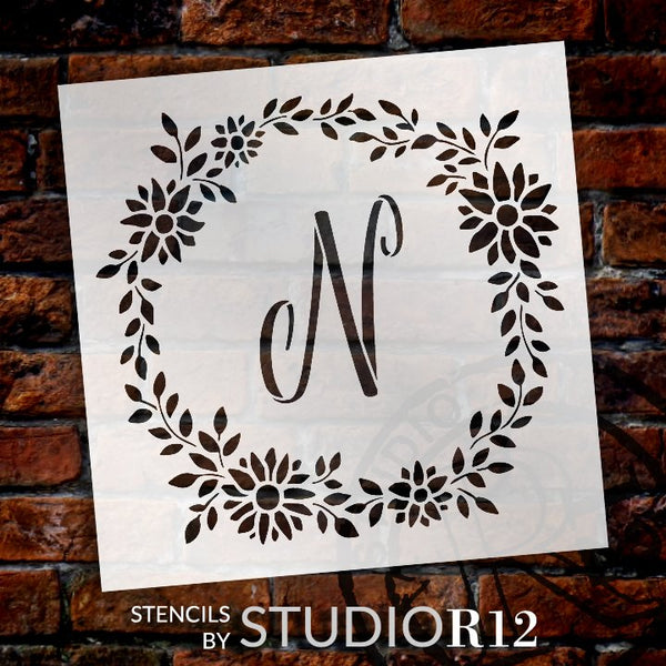 Daisy Script Monogram Stencil with Wreath by StudioR12 | DIY Bohemian Home Decor | Craft & Paint Boho Wood Signs | Select Size & Letter | STCL5331