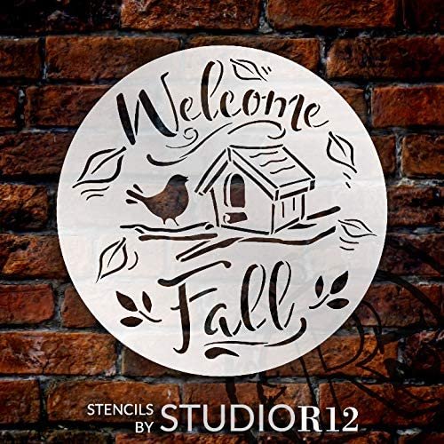 Fall Round Stencil with Bird & Leaves by StudioR12 DIY Autum
