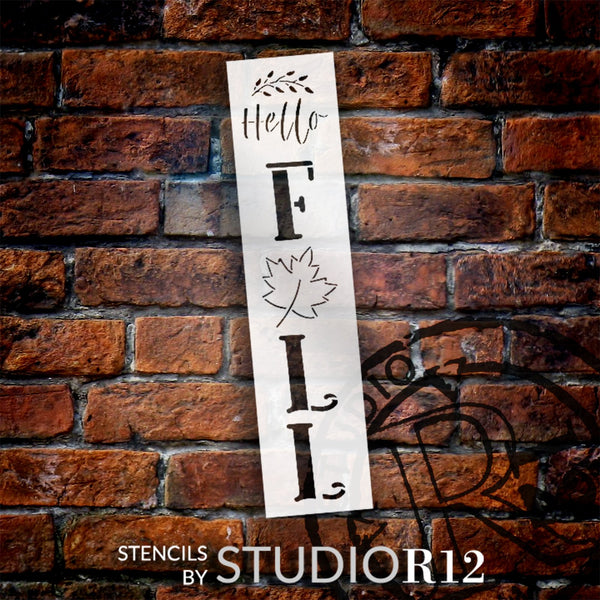 Hello Fall Stencil by StudioR12 | DIY Autumn Leaf Porch Leaner Home Decor | Craft & Paint Vertical Wood Sign | Reusable Mylar Template | Select Size | STCL5861