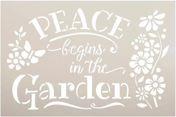 Peace Begins - Garden Stencil by StudioR12 | Reusable Mylar Template | Paint Wood Sign | Flower - Butterfly | Craft DIY Home Decor | Cursive Script Gift - Porch | Select Size | STCL3530
