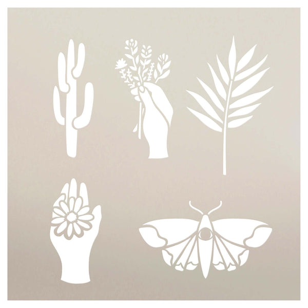 Boho Plant & Moth Embellishments Stencil by StudioR12 | Craft DIY Botanical Home Decor | Paint Wood Sign | Reusable Mylar Template | Select Size | STCL6073