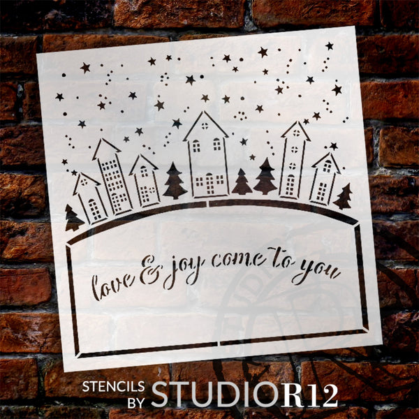 Love and Joy Come to You with Skyline Stencil by StudioR12 - Select Size - USA Made - Craft DIY Christmas Living Room Decor | Paint Winter Wood Sign | STCL6521