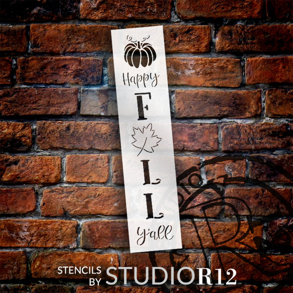 Happy Fall Y'all Stencil by StudioR12 | Craft DIY Autumn Leaf Pumpkin Porch Leaner Home Decor | Paint Wood Sign Reusable Mylar Template | Select Size | STCL5859