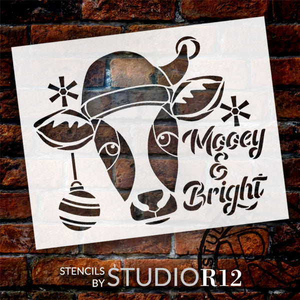 Mooey & Bright Stencil by StudioR12 - Select Size - USA Made - Christmas Cow Head with Santa Hat - Craft & Paint DIY Holiday Farmhouse Home Decor - STCL7115