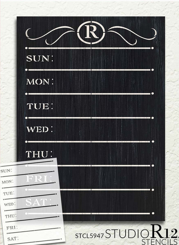 Monogram Weekly Calendar Stencil by StudioR12 | Personalized Family Menu Board Planner & Chalkboard for Kitchen | Select Letter | Size 18 x 13 inch | PRST5947