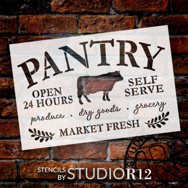 Farmhouse Pantry Open with Cow Stencil by StudioR12 | Self Serve Produce and Dry Goods | Craft DIY Rustic Pantry and Kitchen Decor | Select Size | STCL6260