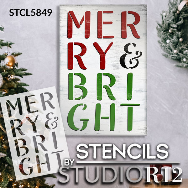 Merry & Bright Stacked Letter Stencil by StudioR12 | Craft DIY Christmas Holiday Home Decor | Paint Wood Sign | Reusable Mylar Template | Select Size | STCL5849