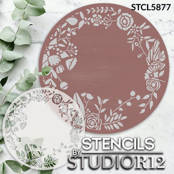 Round Floral Embellishment Stencil by StudioR12 | Flower & Vine Wreath Pattern Stencils for Painting | Reusable Template | Size 18 x 18 inch | STCL5877