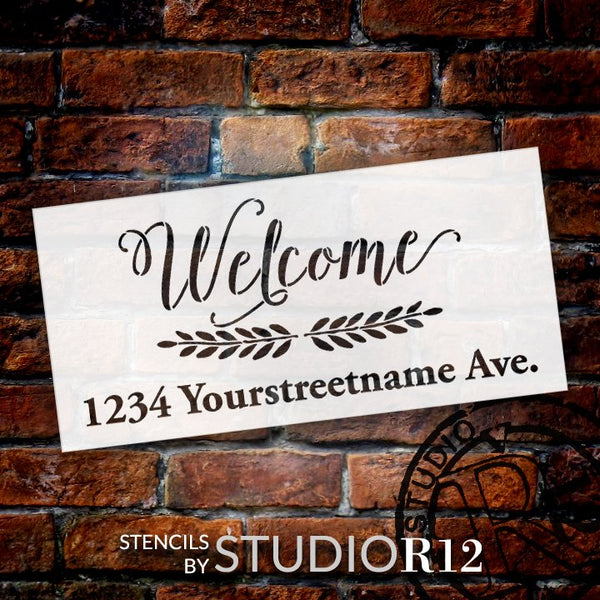 Personalized Welcome Address Stencil with Laurels by StudioR12 | Custom House Number Wood Signs | DIY Home Decor | Select Size | PRST5421