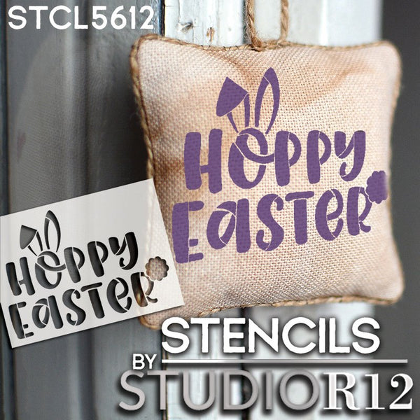 Hoppy Easter Stencil with Bunny Ears by StudioR12 | DIY Fun Spring Home Decor | Craft & Paint Farmhouse Wood Signs | Select Size | STCL5612