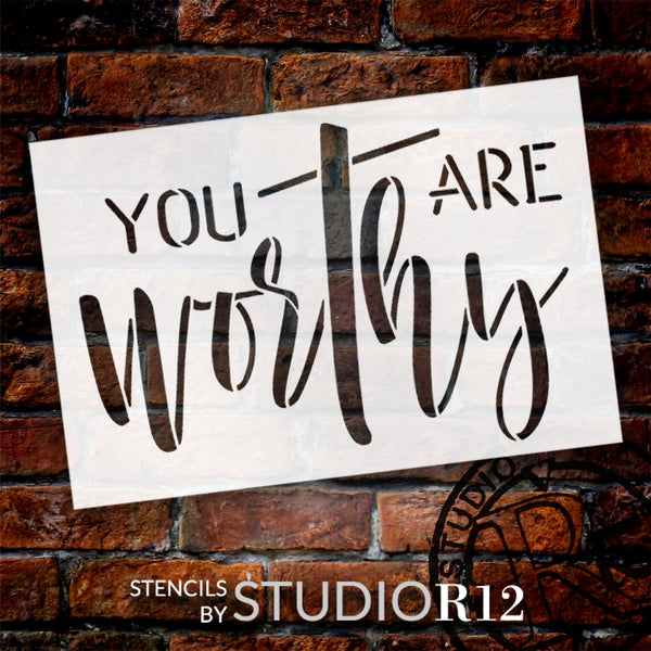 You are Worthy with Cross Stencil by StudioR12 | Craft DIY Inspirational Home Decor | Paint Faith Wood Sign | Reusable Mylar Template | Select Size | STCL6112