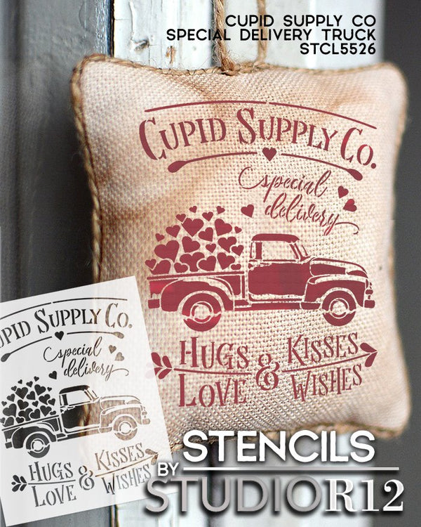 Cupid Supply Co Stencil with Hearts & Vintage Truck by StudioR12 | DIY Valentine Home Decor | Craft & Paint Wood Signs | Select Size STCL5526